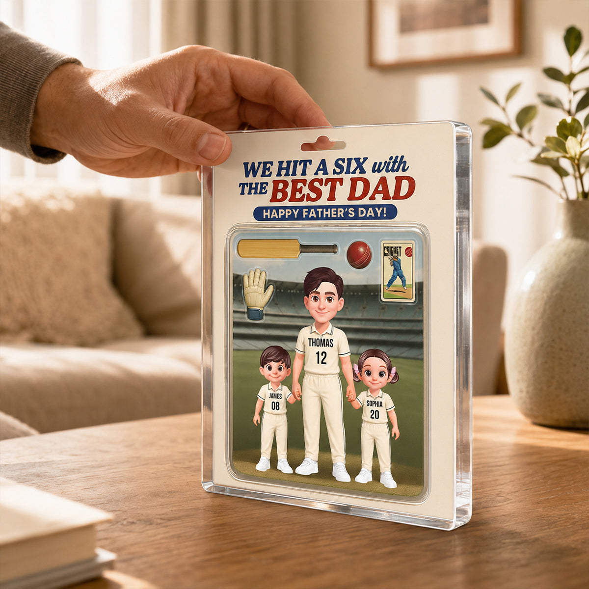 Hit A Six With The Best Dad Cricket Dad - Personalised Acrylic Block Plaque - Gift