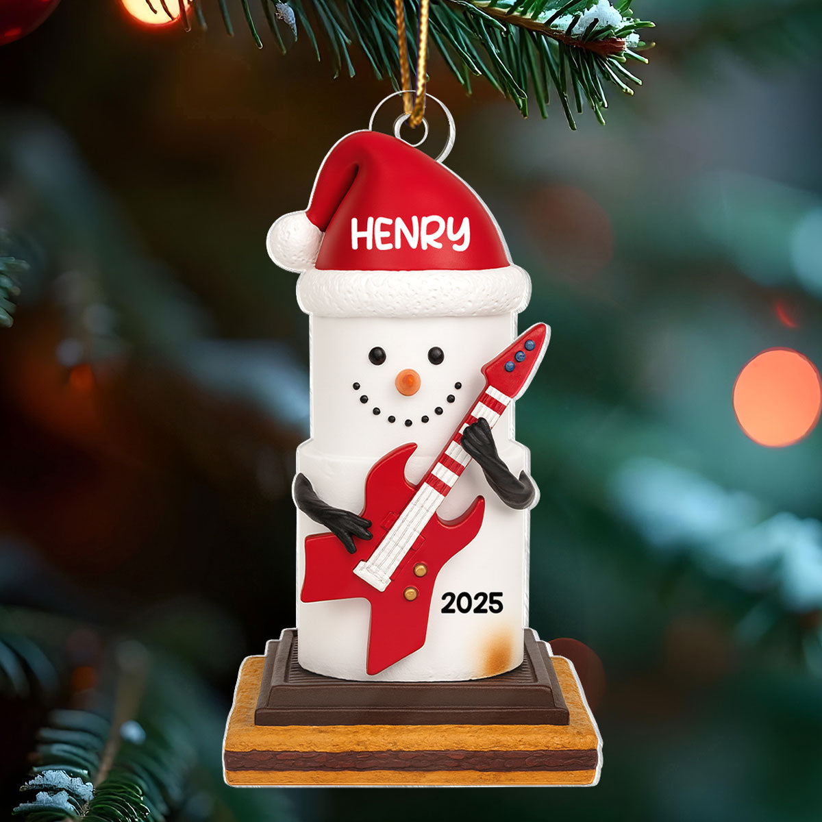 Snow Man Playing Guitar On Chocolate and Cracker - Personalized Acrylic Ornament- Gift for Guitar Lovers