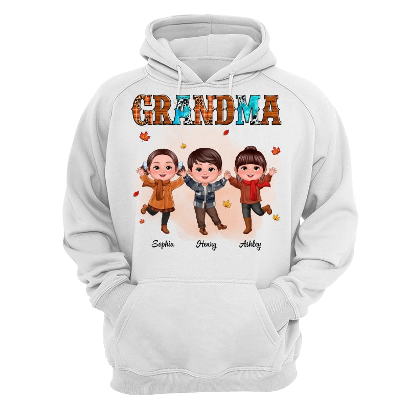 Grandma Teal And Leopard Fall Season Happy Doll Grandkids Personalized Shirt