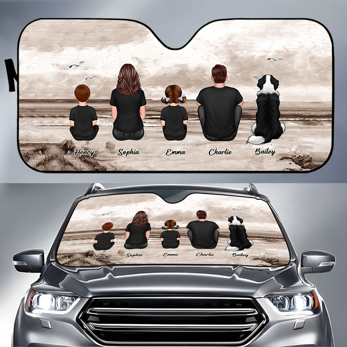 Family Sitting Retro Vintage Beach Landscape Personalized Car Sun Shade