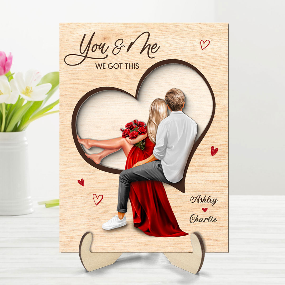 Couple Sitting On Heart Engraved Personalized 2-Layer Wooden Plaque, gift, Anniversary Gift for Couples