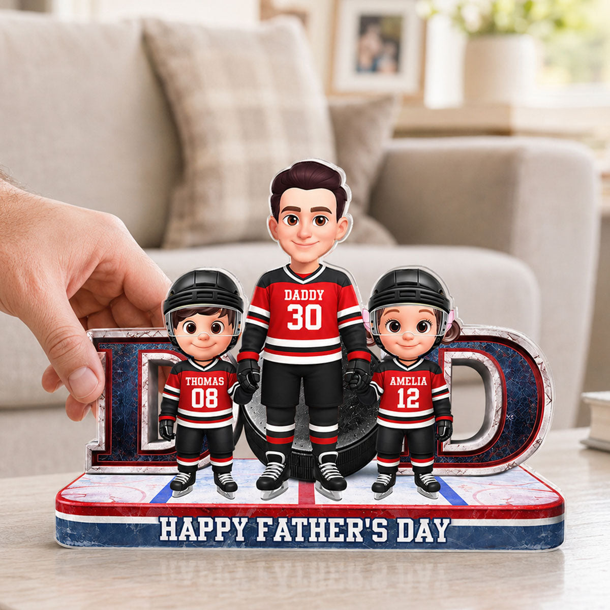 Hockey Dad And Kids Together Front View - Personalized Acrylic Block Plaque - Gift For Dad, Husband