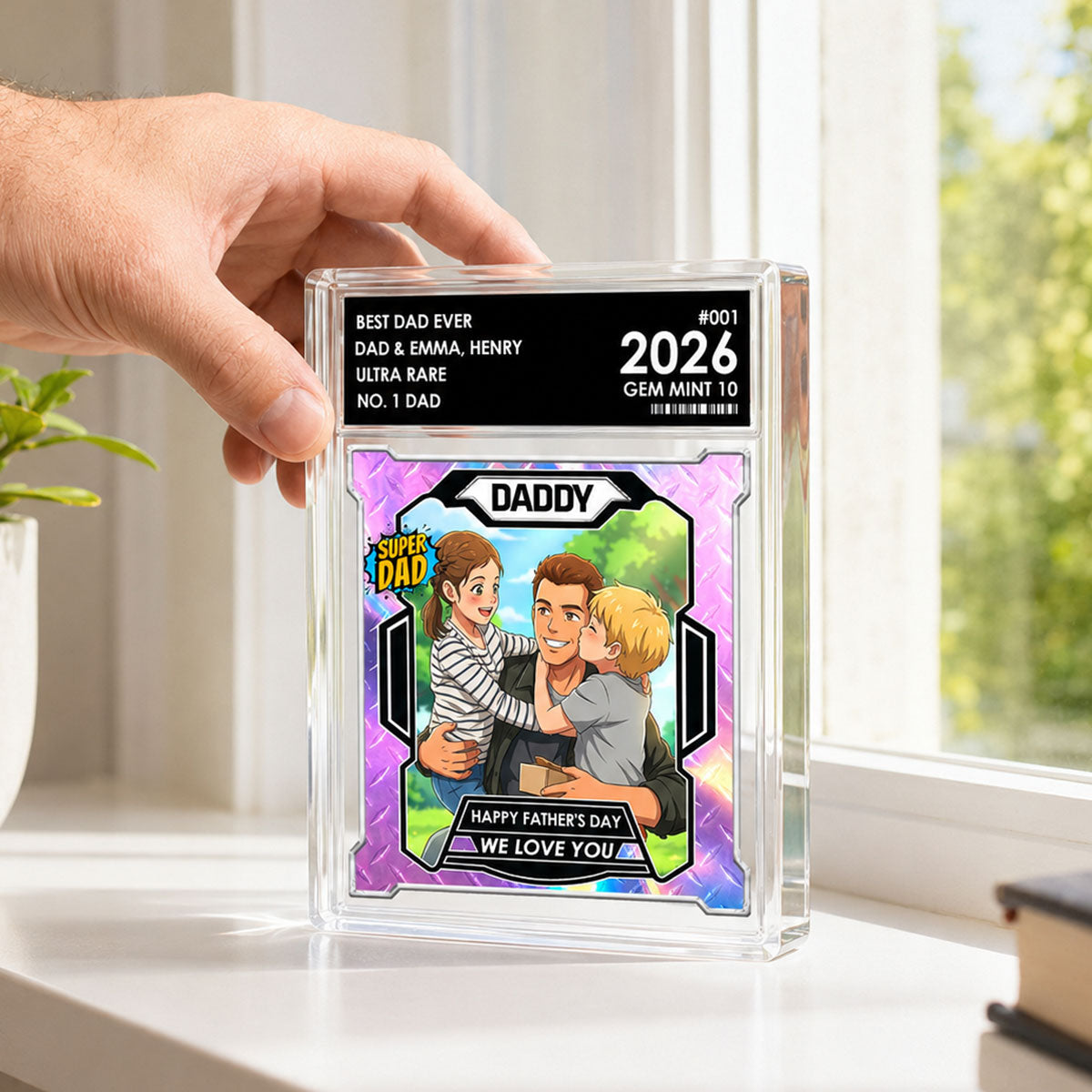Dad Of The Year Trading Card Cartoon Style - Personalized Acrylic Block Plaque - Gift For Dad, Husband