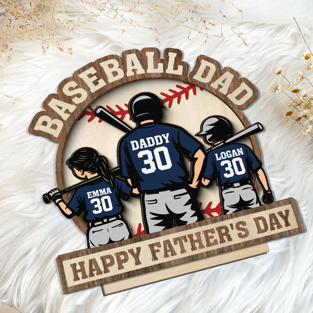 Baseball Family Back View Personalized 2-Layered Standing Wooden Plaque, gift for Dad, for Husband