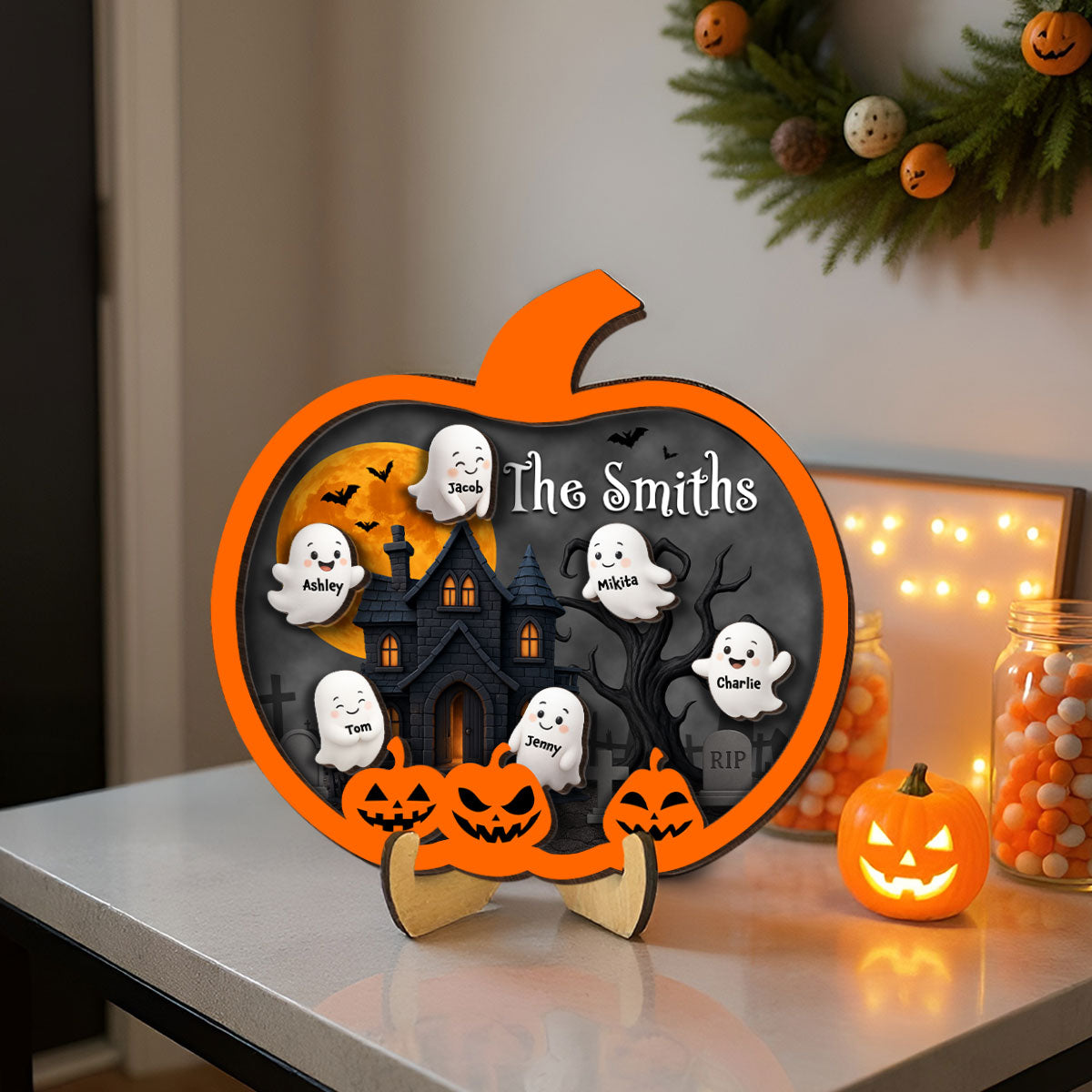 3D Effect Ghost Friends, Ghost Family Inside Pumpkin Personalized 2-Layer Wooden Plaque, Halloween Decoration