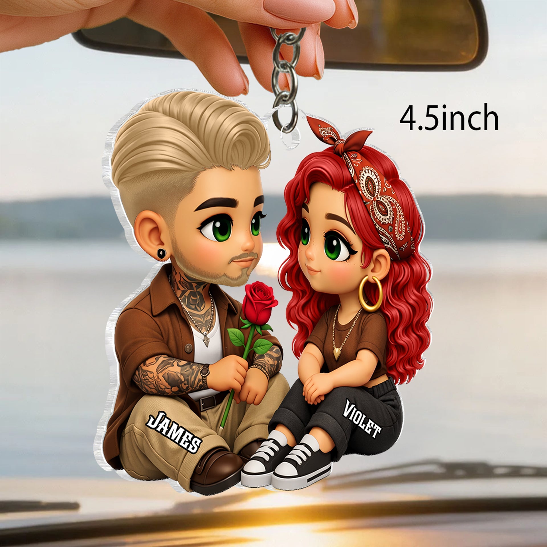 3D Effect Cute Couple A Rose For You - Personalized Acrylic Car Hanger - Valentine's Gift For Him, For Her, For Couple