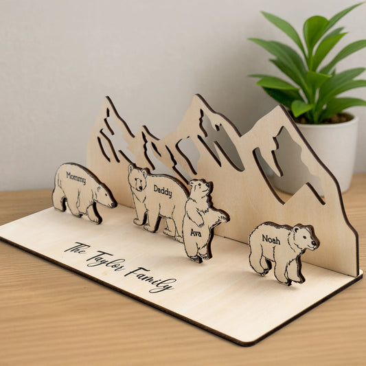Father's Day Gifts, Personalized Wooden Bear Family With A Mountain Scene Backdrop