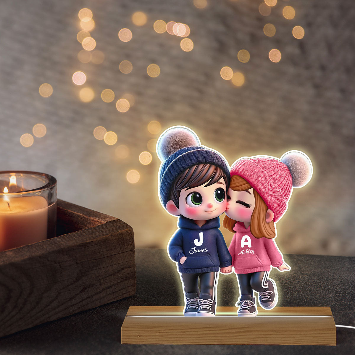 3D Effect Cute Cartoon Couple Walking Personalized Custom Shaped LED Night Light, Gift for Him, Gift for Her