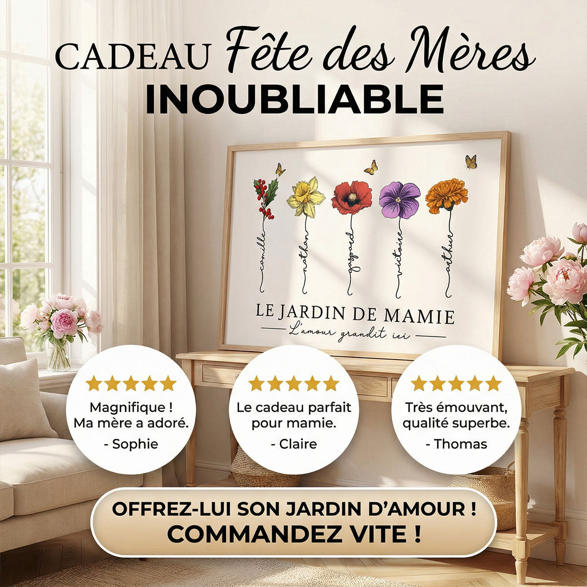Le Jardin de Mamie Fleurs de Naissance - Affiche Personnalise - Cadeau de Fte des Mres