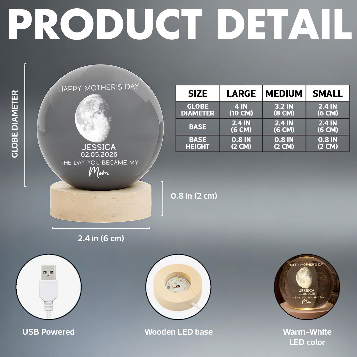 The Days You Became Our Mom Custom Moon Phase - Personalized Crystal Ball LED Night Light - Mother's Day Gift For Mom