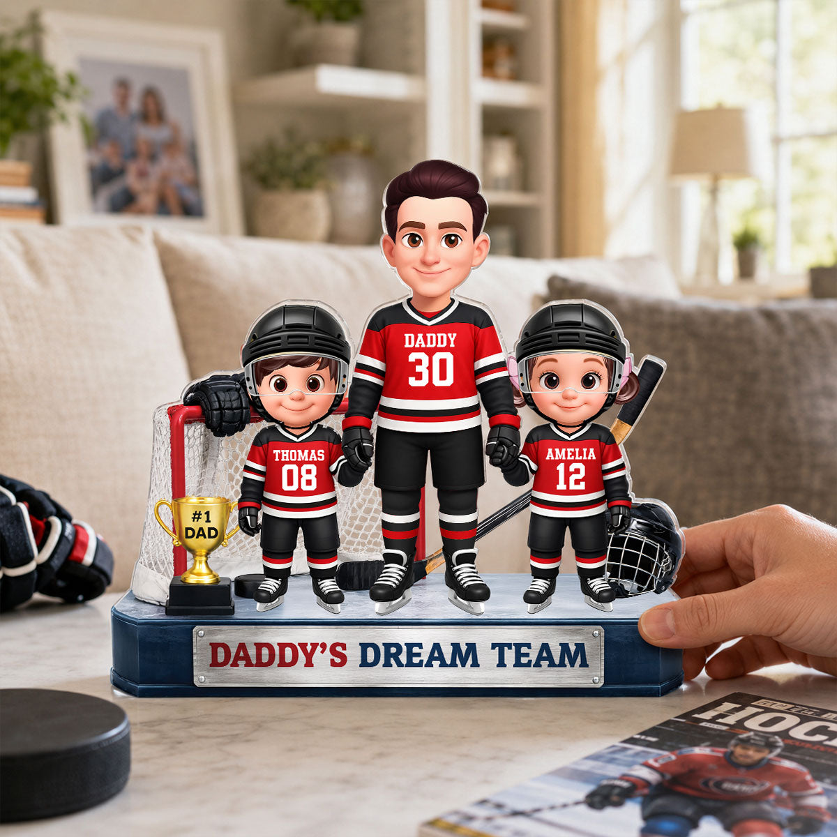 Daddy's Dream Team Hockey Dad & Kids - Personalized Acrylic Block Plaque - Gift For Dad, Husband