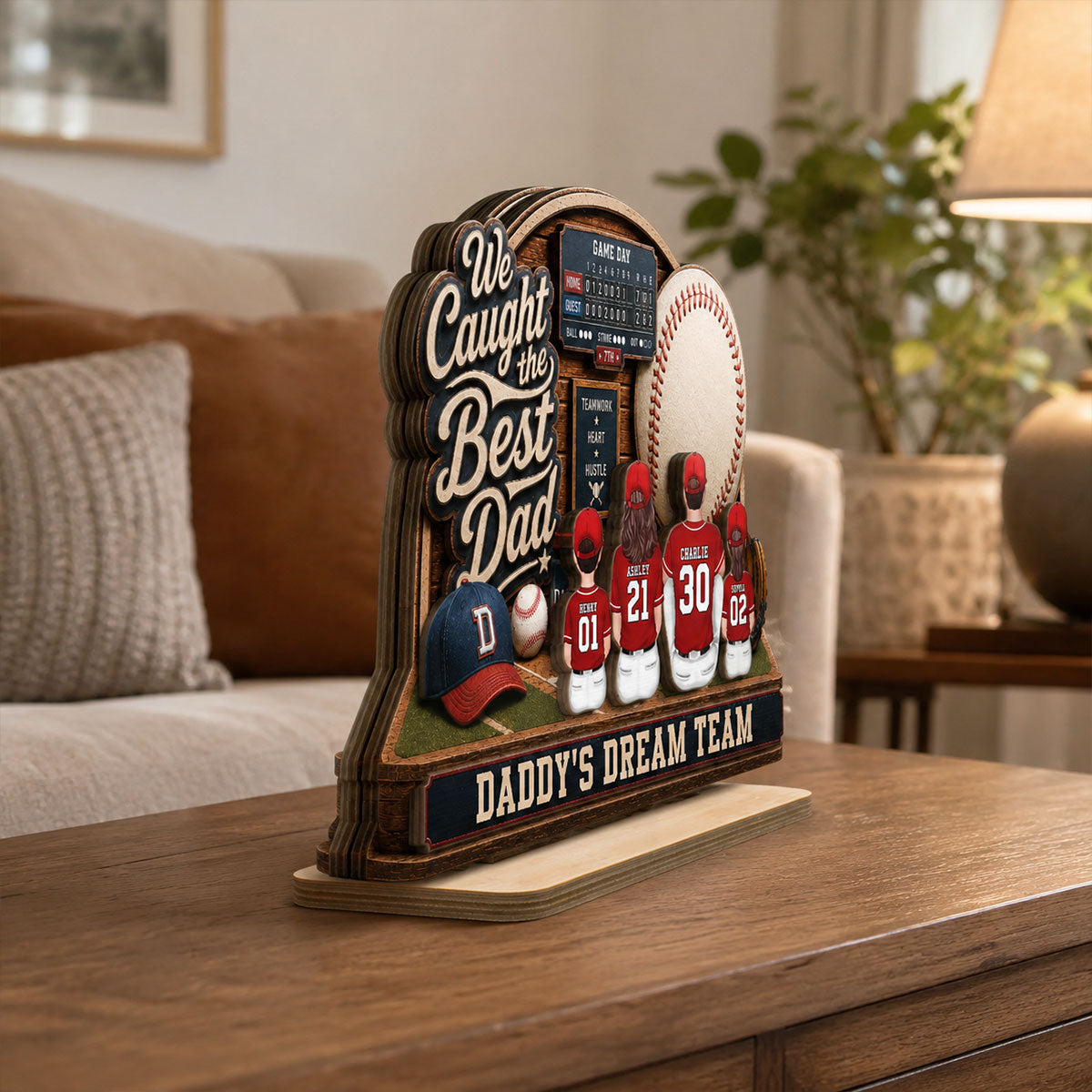Baseball Things Dad & Kids Back View Sitting 2D Flat - Personalized 2-Layered Wooden Plaque - Happy For Baseball Dad