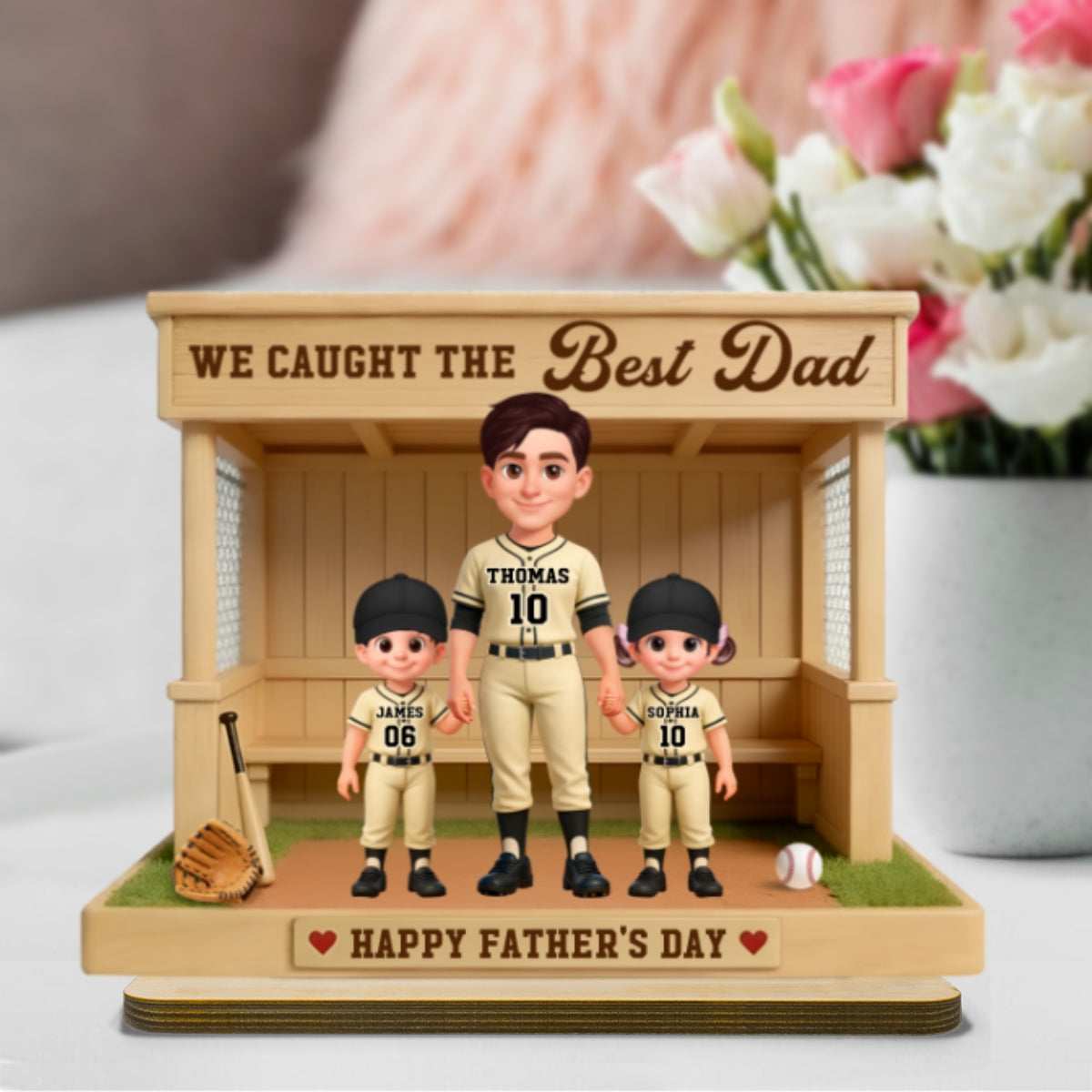 We Caught The Best Dad Baseball Dugout - Personalized 2-Layered Wooden Plaque - Gift For Baseball Dad