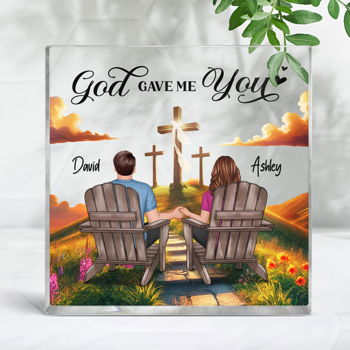 Cross God Knew My Heart Needed You Old Couple Sitting Together Personalized Acrylic Block Plaque, Anniversary Gift For Him, Her, Husband, Wife