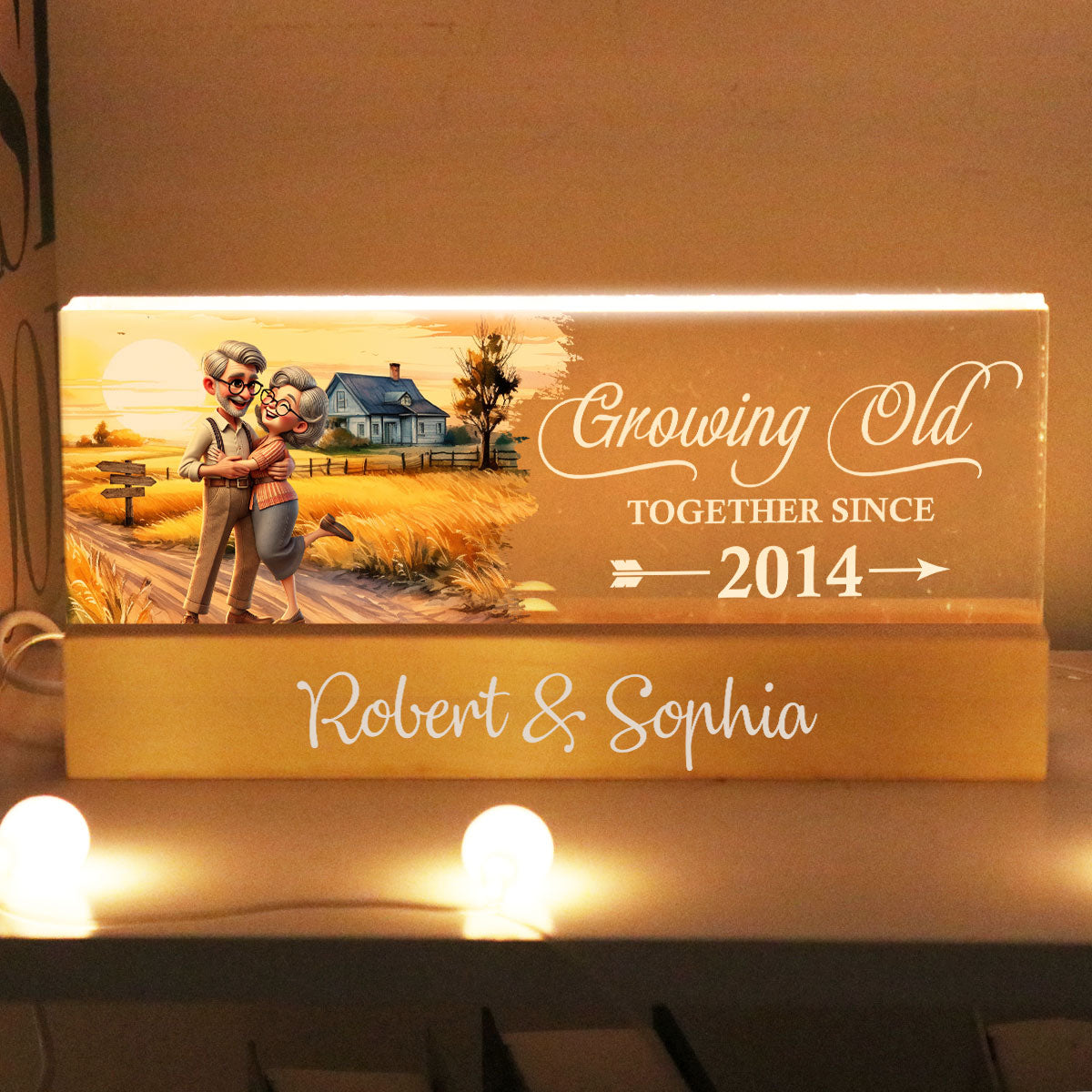 Happy Old Couple Vintage Farmhouse Personalized Acrylic Block LED Night Light, Anniversary For Him, For Her, Husband, Wife