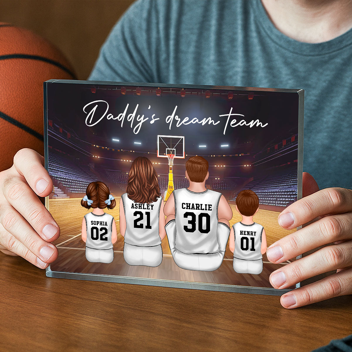 Daddy's Team Basketball Family Sitting Personalized Acrylic Block, Unique Gift for Dad, Gift for Husband