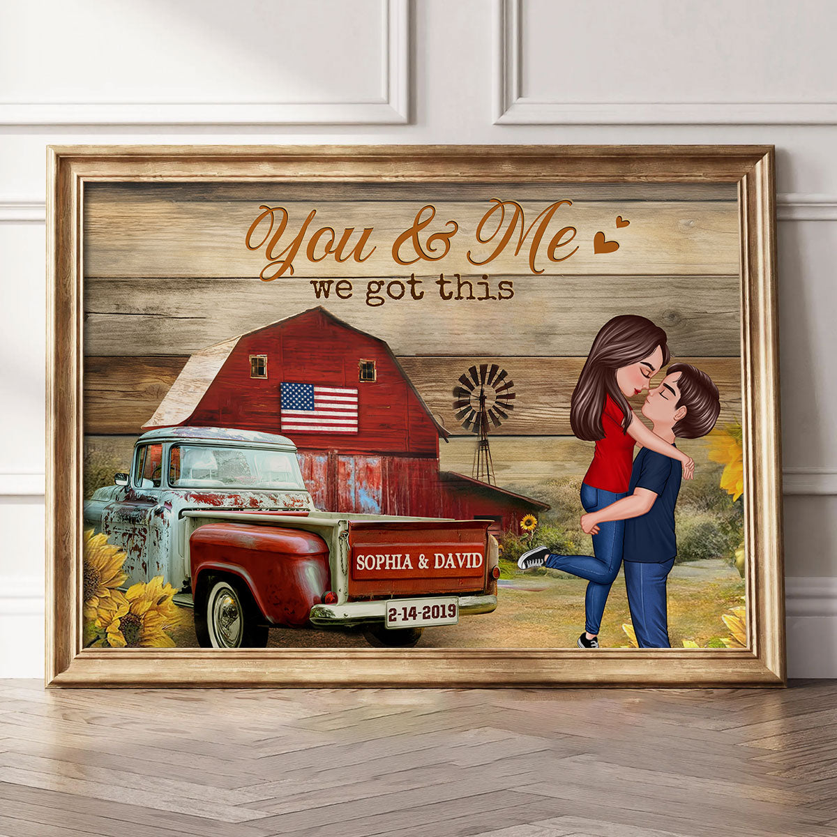 Couple Hugging Kissing Vintage Truck Farmhouse Personalized Poster, Anniversary Gift For Him, Her, Husband, Wife