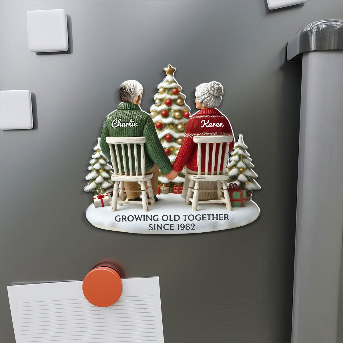 3D Back View Couple Growing Old Together Personalized Acrylic Fridge Magnet, 2025 Heartfelt Gift, Anniversary Gift For Couple, For Him, For Her, Husband, Wife