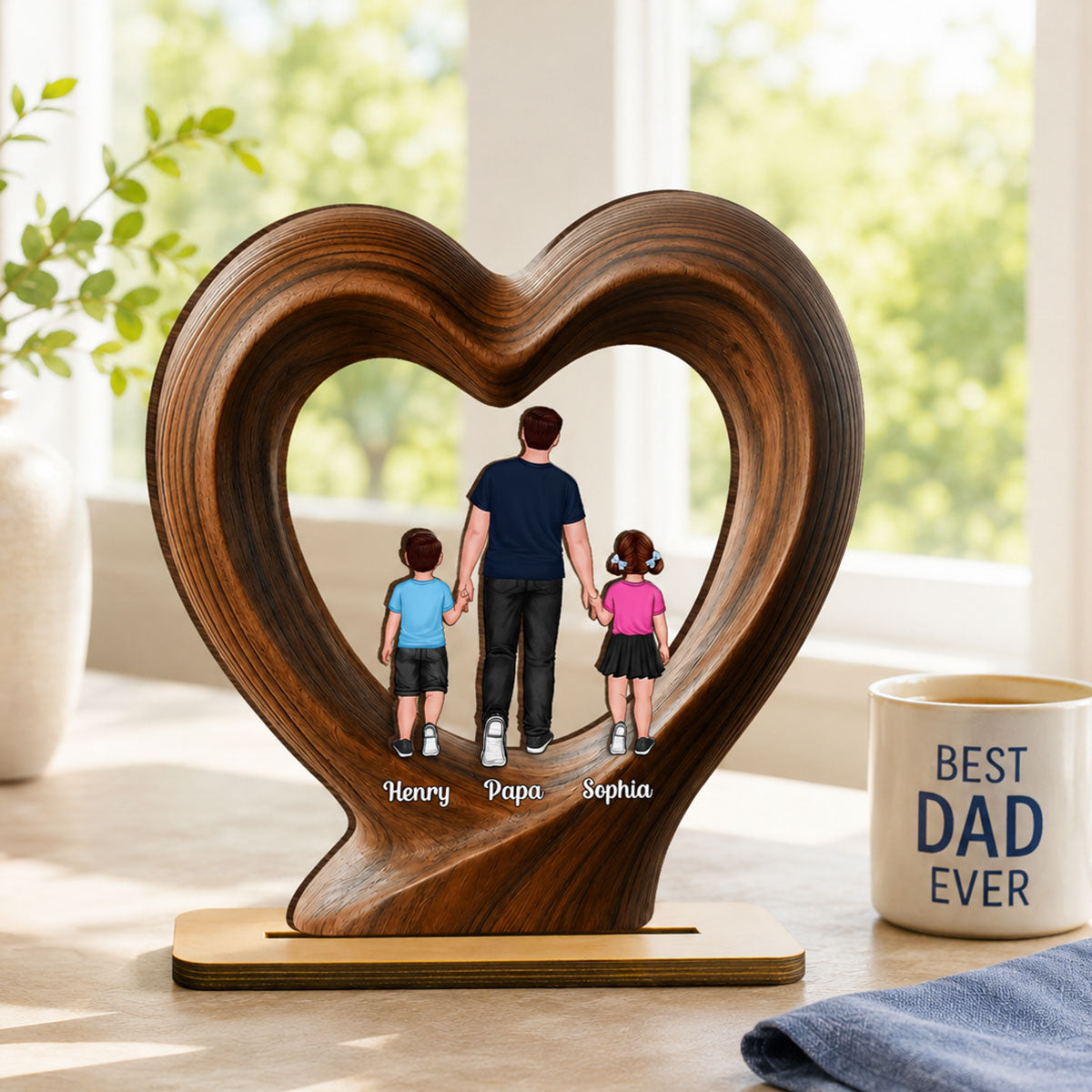 Dad Grandpa Walking With Children - Personalized 2-Layered Wooden Plaque - Gift for Husband