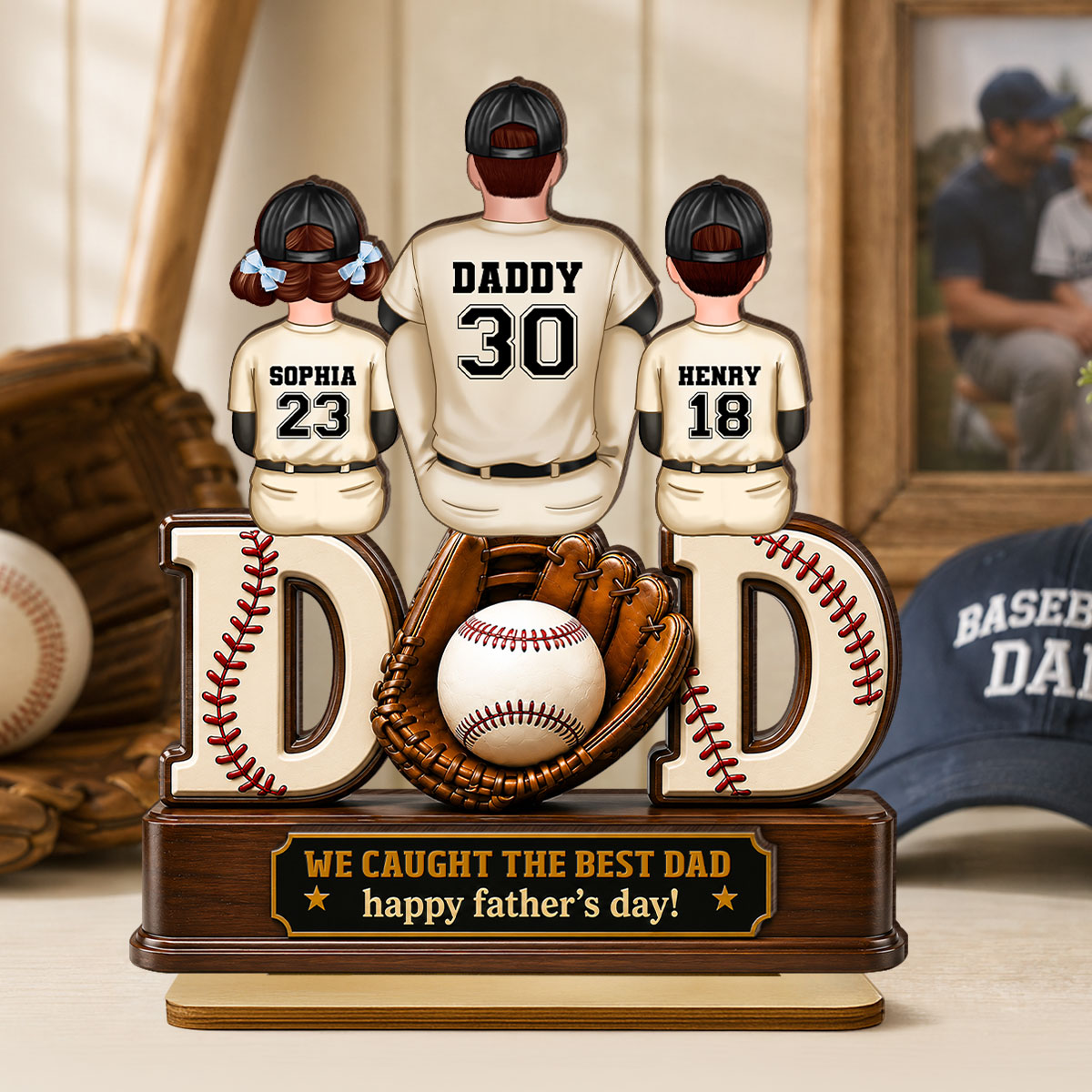 Dad And Children Baseball Gloves - Personalized 2-Layered Wooden Plaque - Gift for Dad, Husband