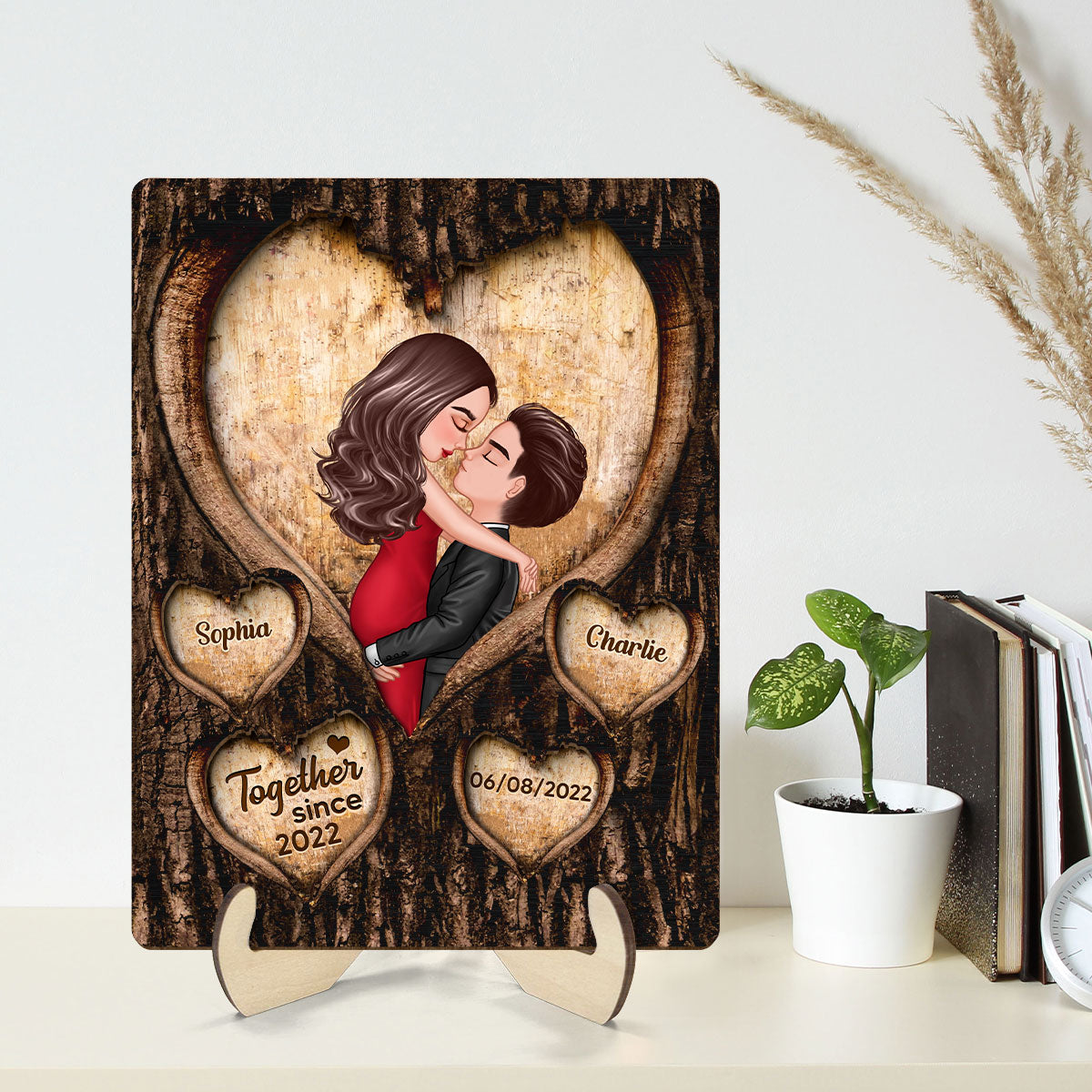 Couple Kissing Hearts Engraved On Tree Personalized 2-layer Wooden Plaque, Gift For Him, For Her