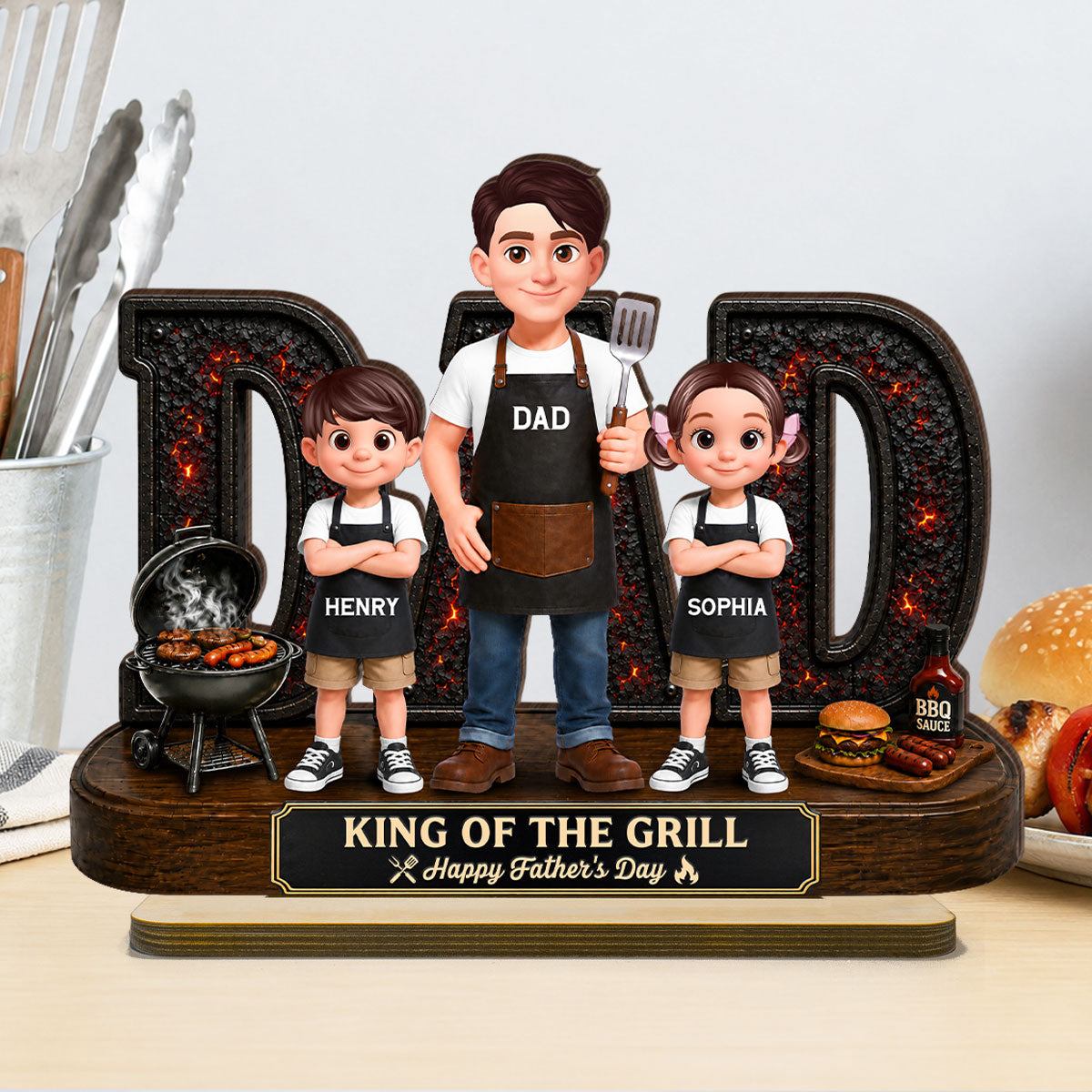 BBQ King Of The Grill Dad - Personalized Wooden Plaque - Gift For Dad, Husband