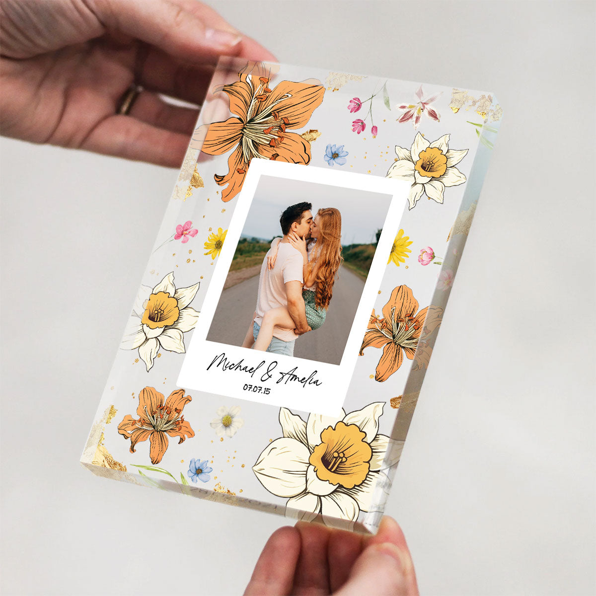 Couple Upload Photo Birth Month Flowers Personalized Acrylic Block Plaque, Anniversary Gift, Gift