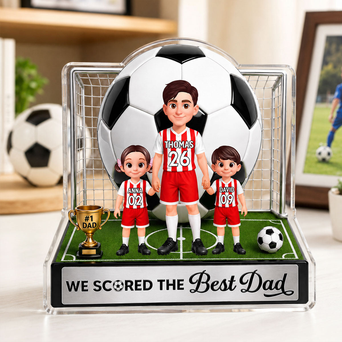 No 1 Soccer Dad And Kids We Scored The Best Dad 2D Flat Printed - Personalized Acrylic Block Plaque - Gift For Dad, Husband, Soccer Football Fans