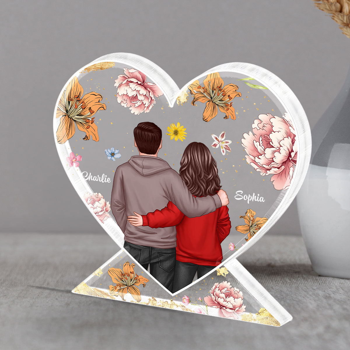 Couple Hugging Back View Birth Month Flower Personalized Acrylic Heart Block Plaque, Heartfelt 2025 Gift, Anniversary Gift For Girlfriend, For Wife