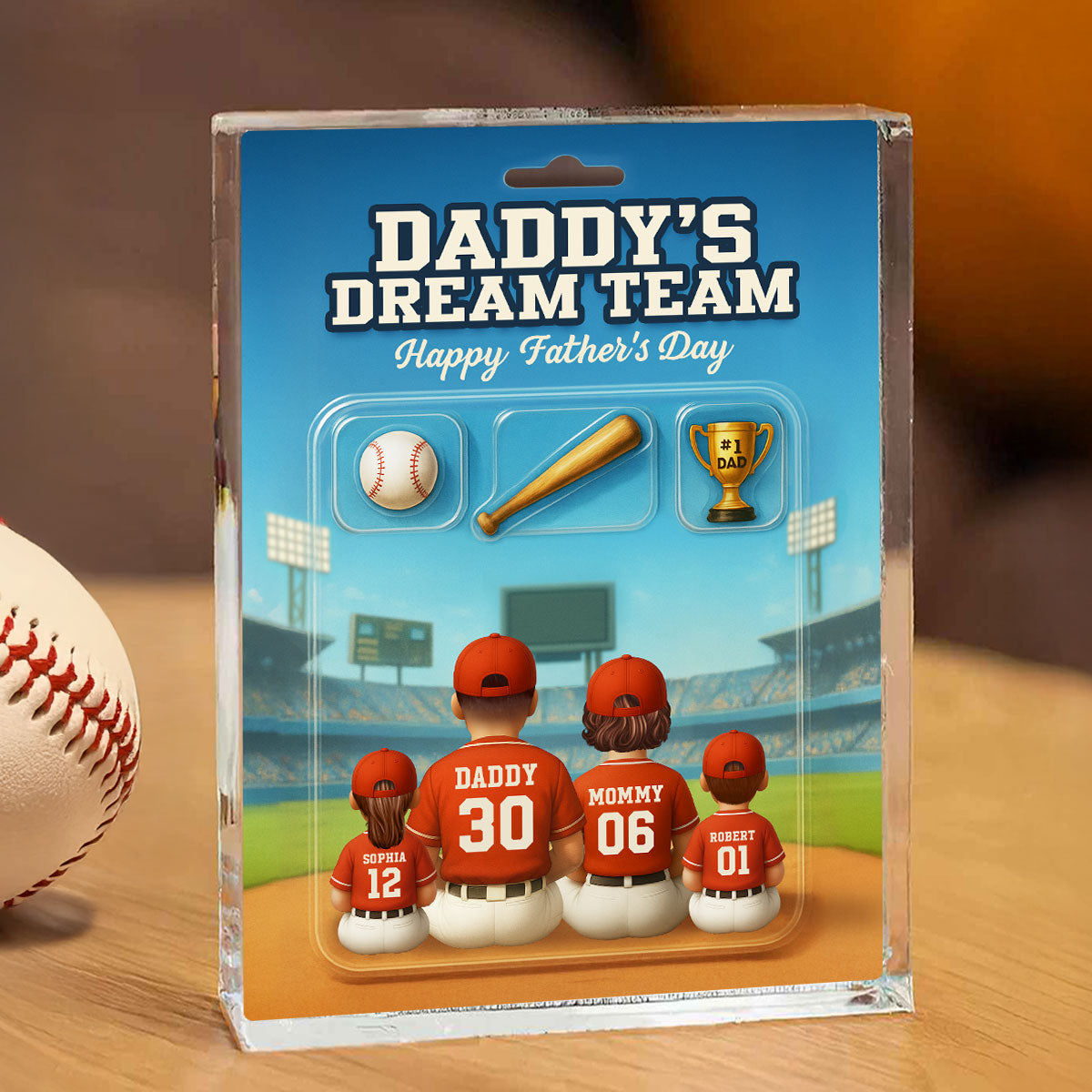 3D Effect Custom Figure Baseball Family Daddy's Dream Team Personalized Flat Acrylic Block Plaque, Unique Gift For Dad, Husband