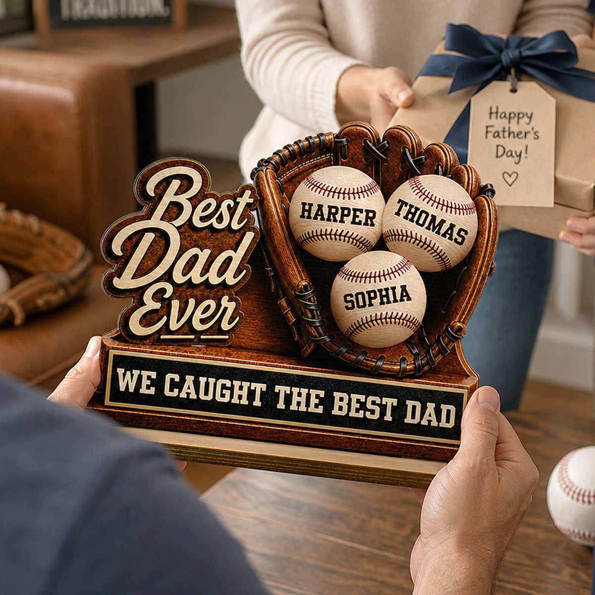 We Caught The Best Dad Baseball Glove - Personalized 2-Layered Wooden Plaque - Happy For Baseball Dad