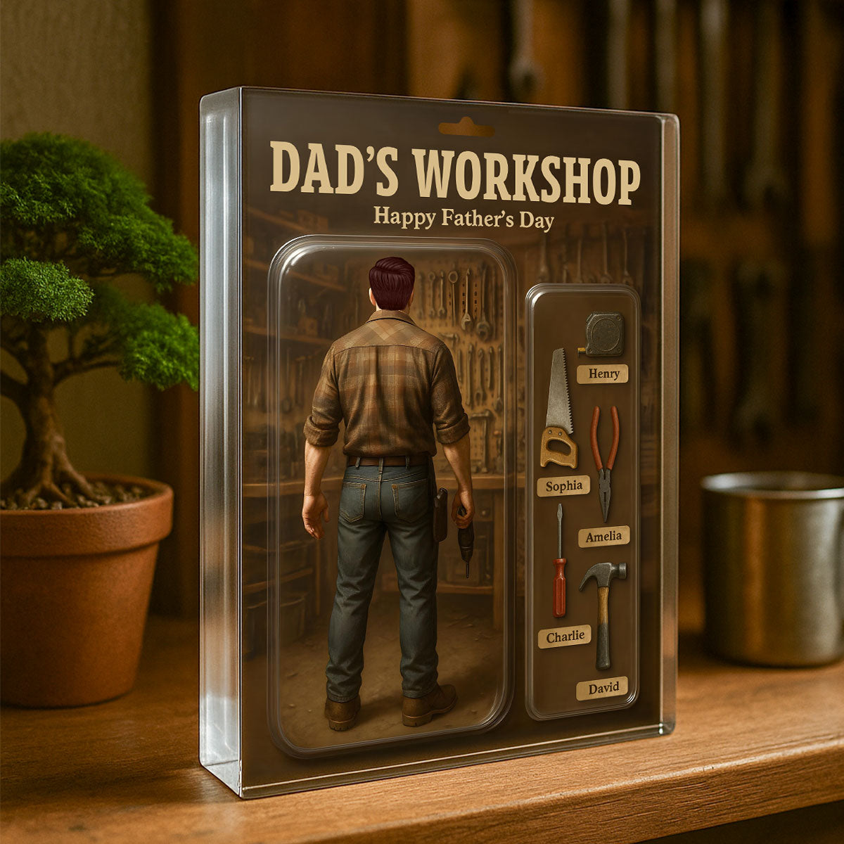 Dad's Workshop With Kids' Names Grandpa's Workshop Custom Figure Personalized Acrylic Block Plaque, Unique Gift For Him, For Dad, For Grandpa