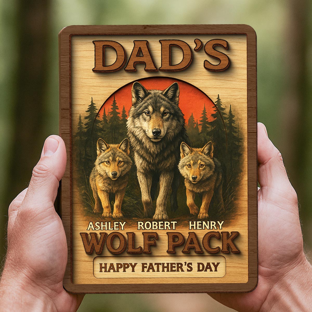 Dad's Wolf Pack Personalized 2-Layered Wooden Plaque, Gift for Dad