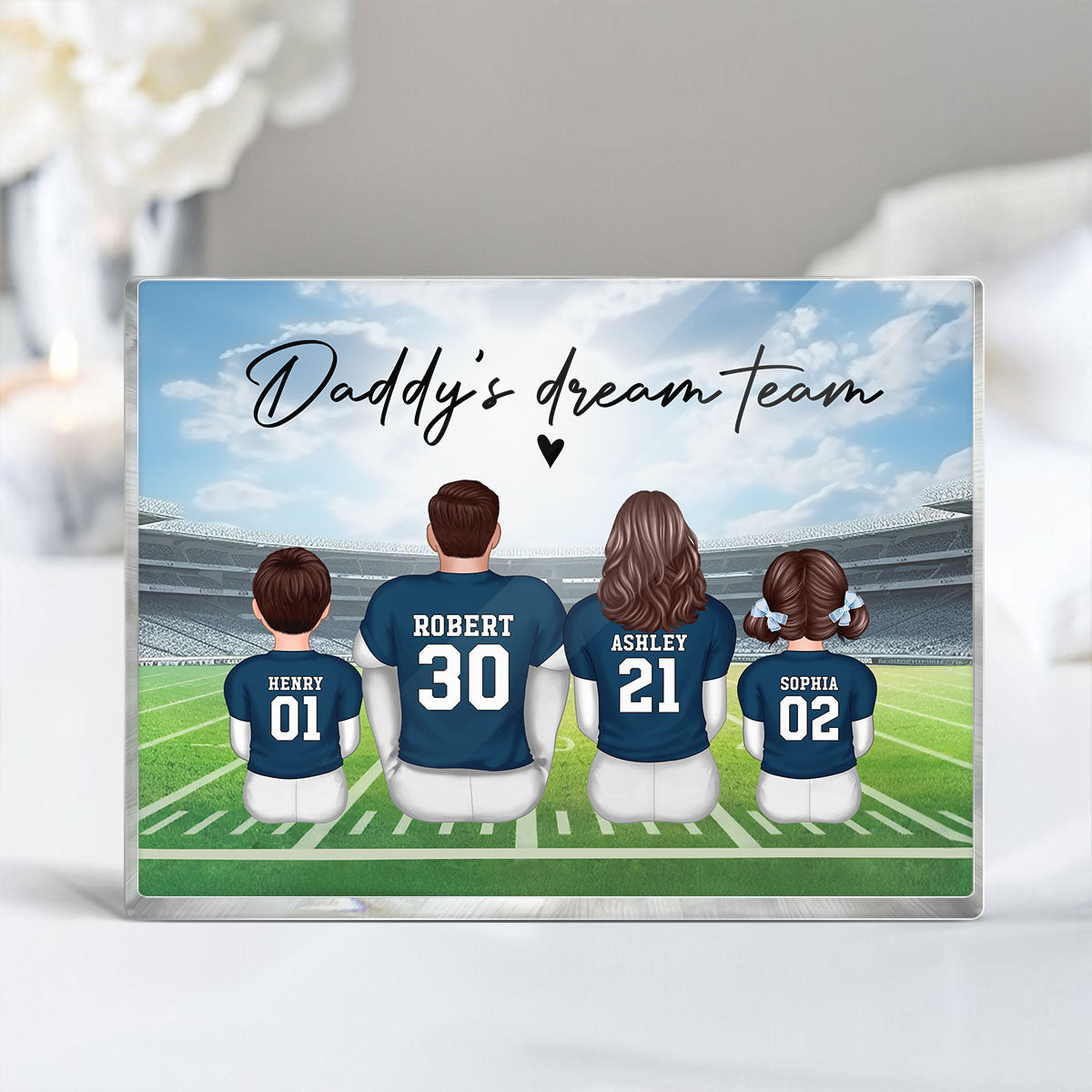 Daddy's Team Football Family Sitting Back View Personalized Acrylic Block, Gift