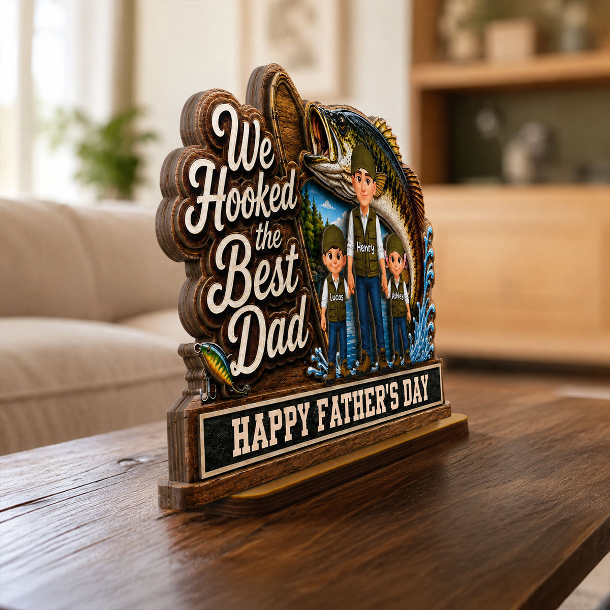 We Hooked The Best Dad Fishing Man & Kids 2D Flat - Personalized 2-Layered Wooden Plaque - Gift For Fishing Dad