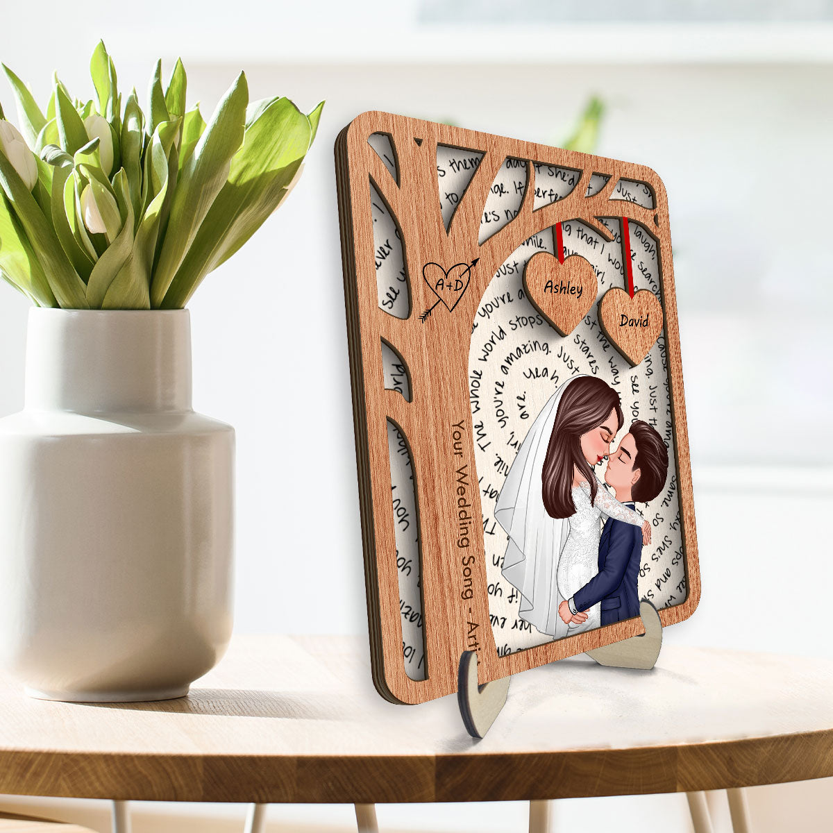 Couple Kissing Under Tree Custom Vinyl Lyrics Personalized Music 2-Layered Wooden Plaque, Wedding Song Dance, Gift for her & for him