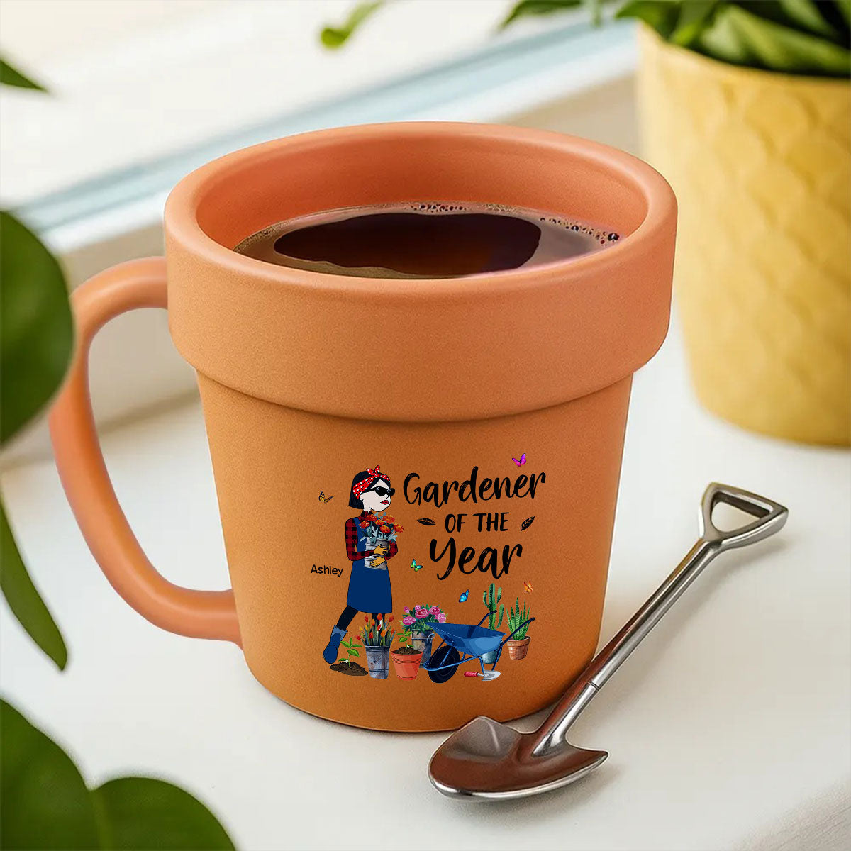 Gardener Of The Year Funny Cartoon Plant Lady Personalized Plant Pot Ceramic Mug