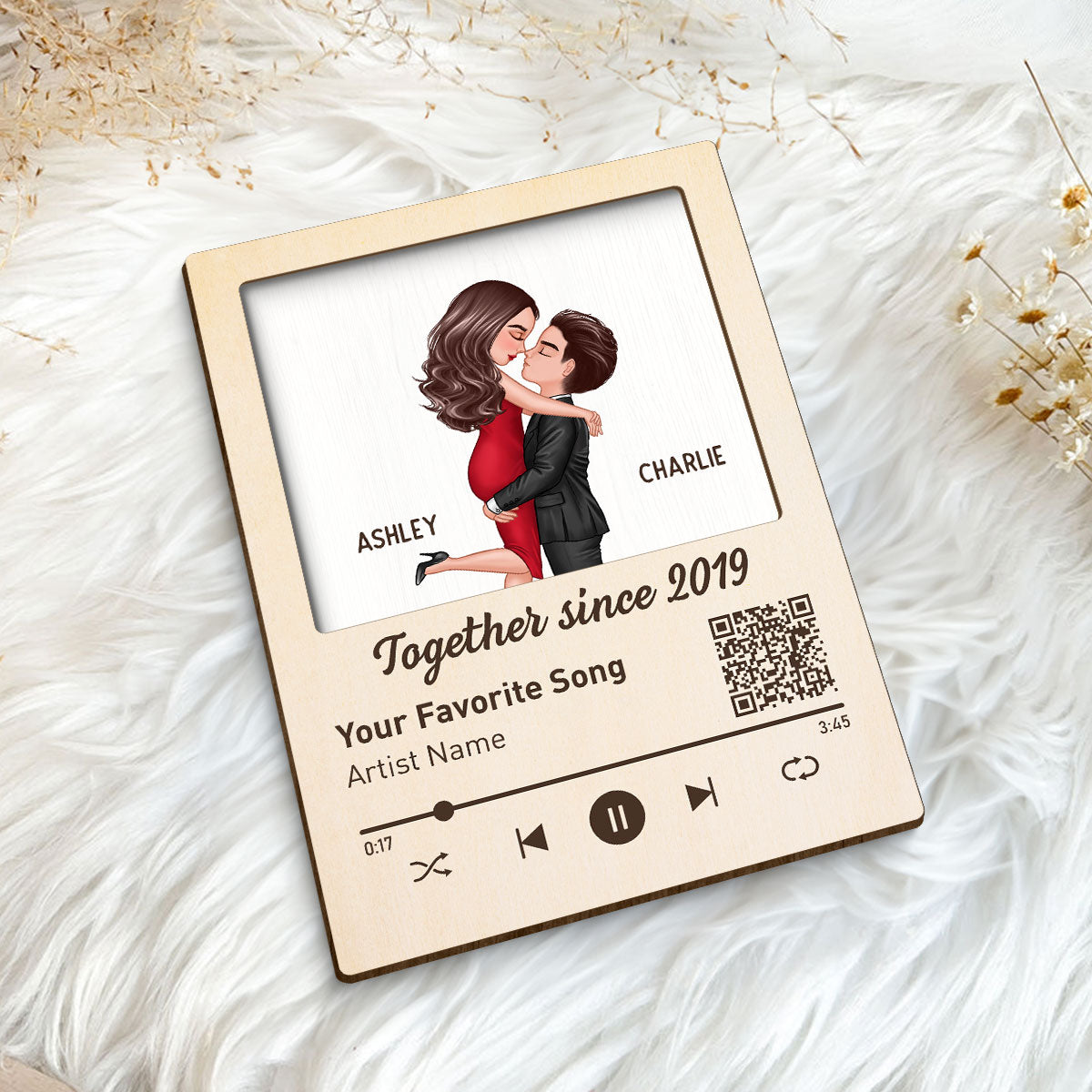 Couple Kissing Favorite Song QR Code Gift Personalized 2-layer Wooden Plaque