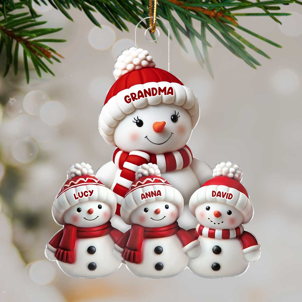 3D Effect Cute Snowman Grandma & Grandkids - Personalized Acrylic Ornament - Christmas Decor For Family, Grandma