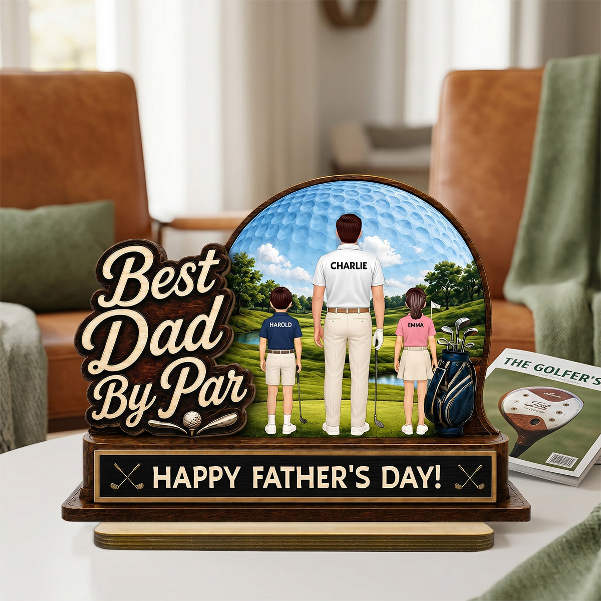 Best Dad By Par Custom Man & Kids Back View - Personalized 2-Layered Wooden Plaque - Gift For Golf Dad