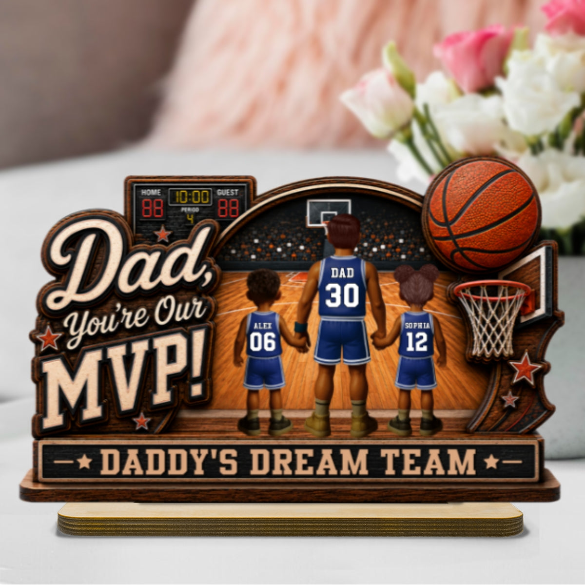 Dad You Are Our MVP Standing Basketball Man & Kids 2D Flat - Personalized 2-Layered Wooden Plaque - Gift For Basketball Dad