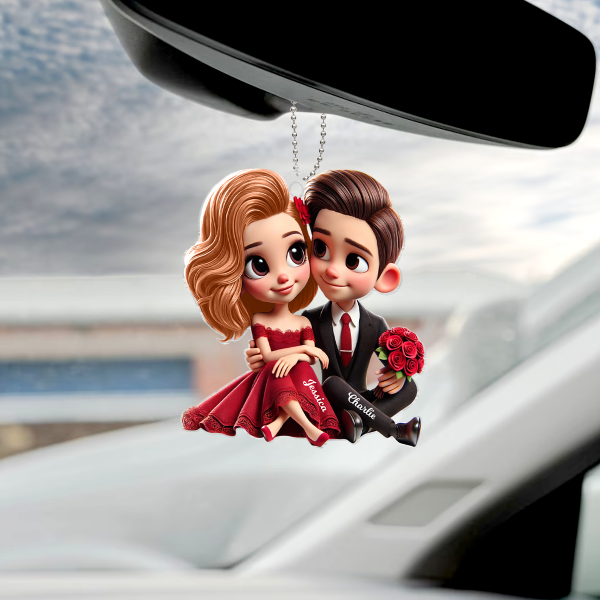 Romantic Elegant Couple Personalized Acrylic Car Hanger, Anniversary Gift for him, Gift for her