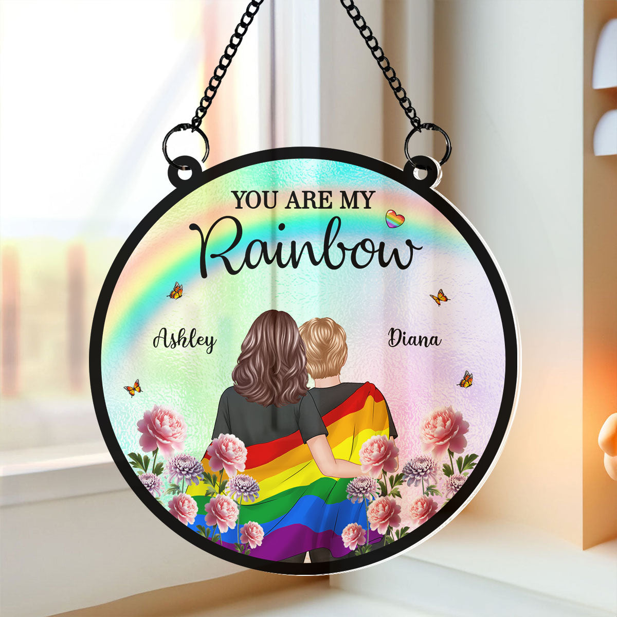 Pride Month LGBT Couple Birth Month Flowers Personalized Suncatcher, Gift For Couple