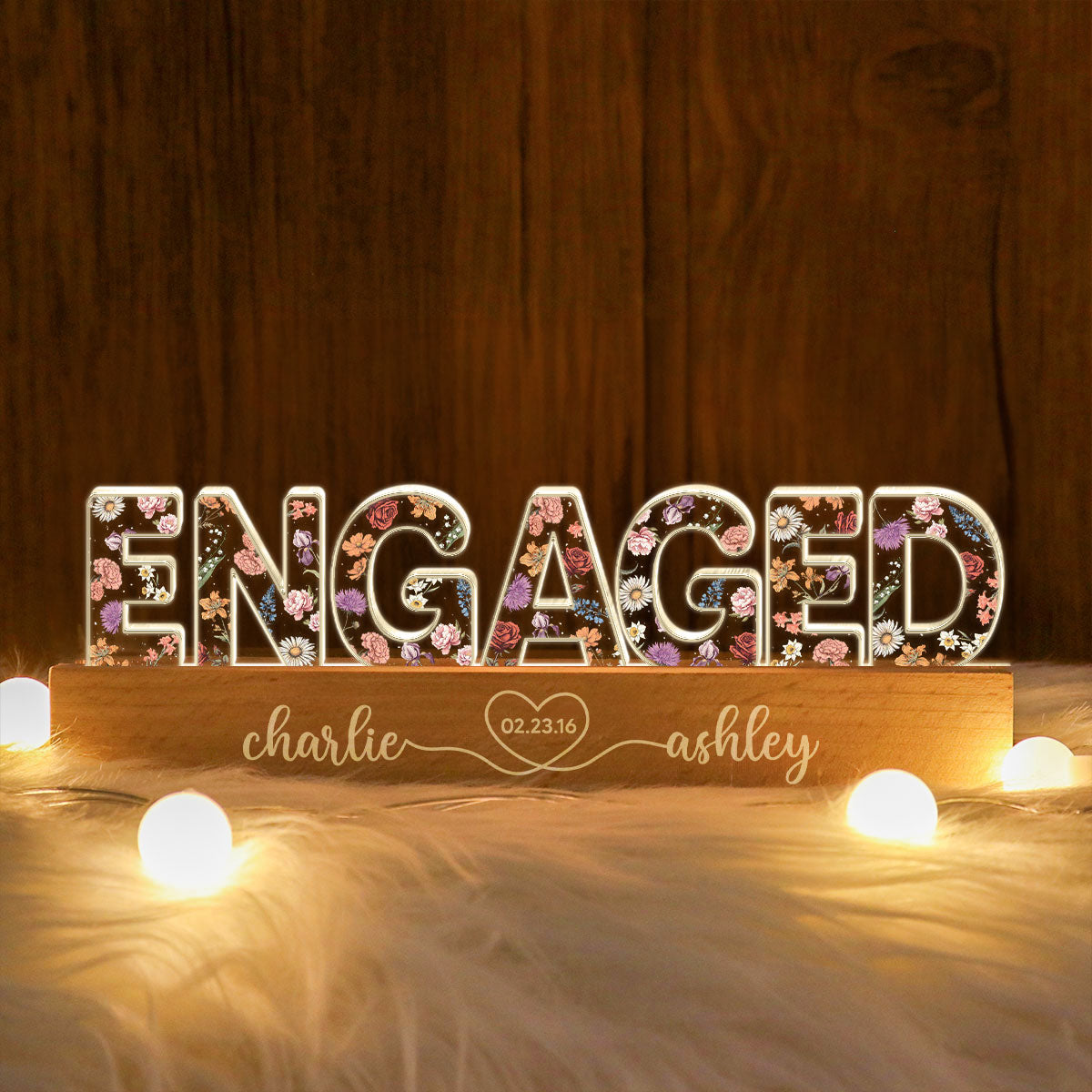 Personalized Couple Engagement Floral Theme Anniversary Gift Acrylic Block LED Night Light, Heartfelt 2025 Gift, For Him, For Her, For Husband, For Wife