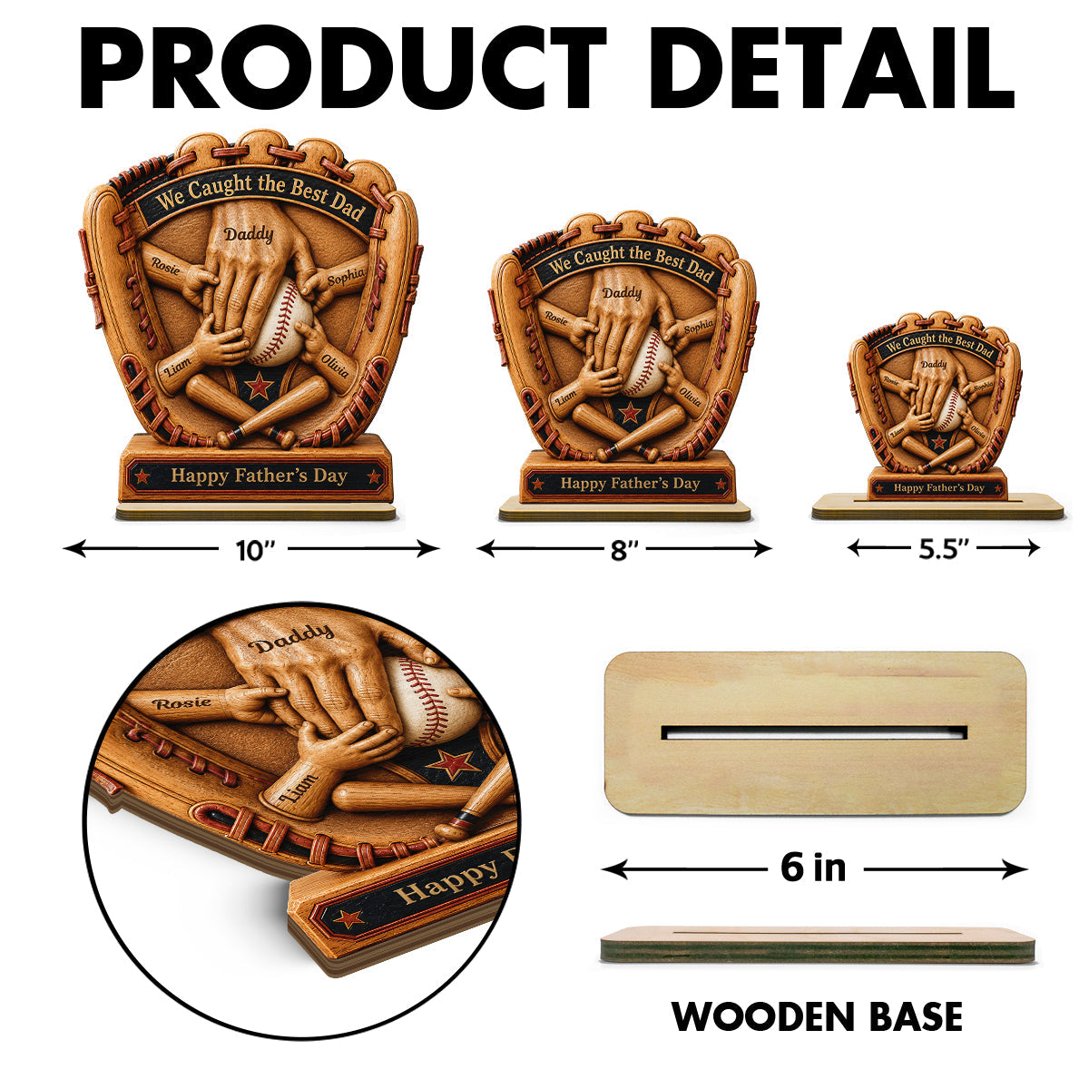 Baseball Glove Dad & Kids' Hands - Personalized 2-Layered Wooden Plaque - Gift For Dad, Husband