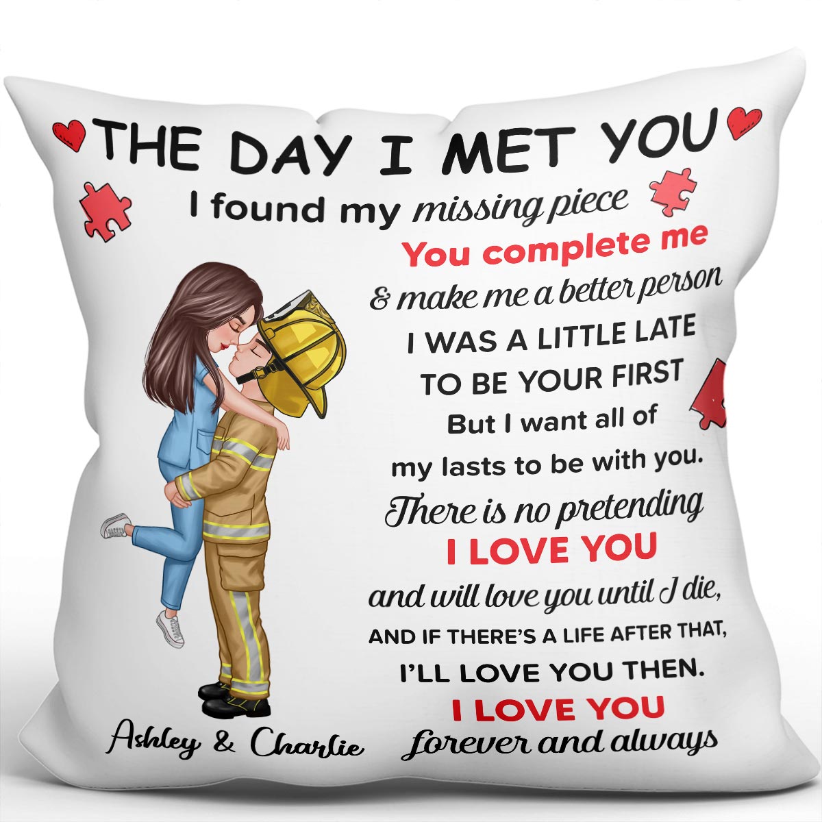 Found My Missing Piece Couple Hugging Kissing Gift by Occupation Gift For Her Gift For Him Firefighter, Nurse, Police Officer Personalized Pillow
