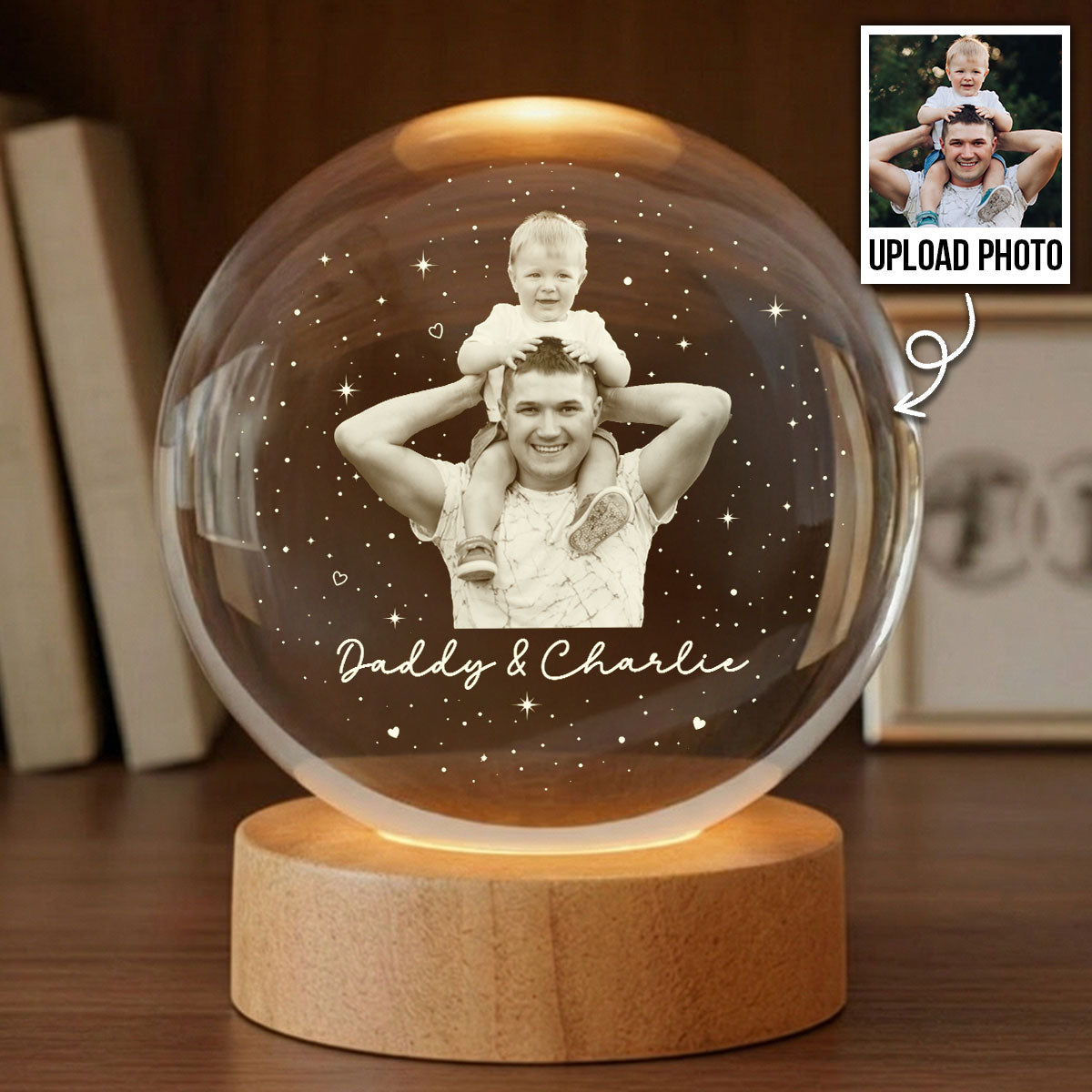 Dad And Kid Custom Upload Photo - Personalized Crystal Ball LED Night Light - Gift For Dad