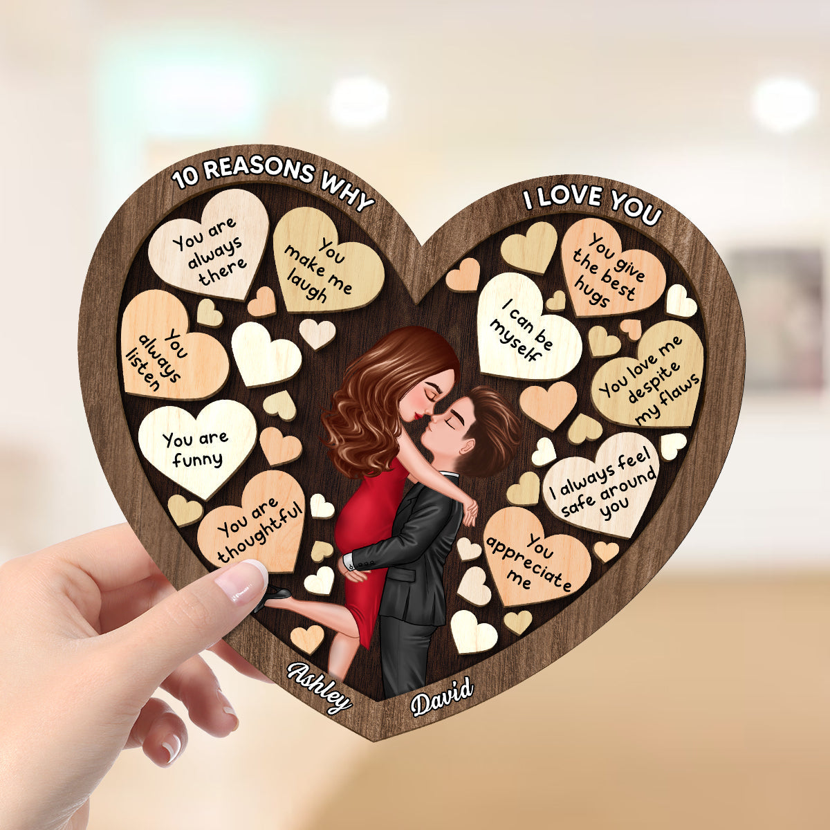 Couple Kissing In Heart Reasons I Love You Personalized 2-layer Wooden Plaque, Gift For Him, Gift For Her