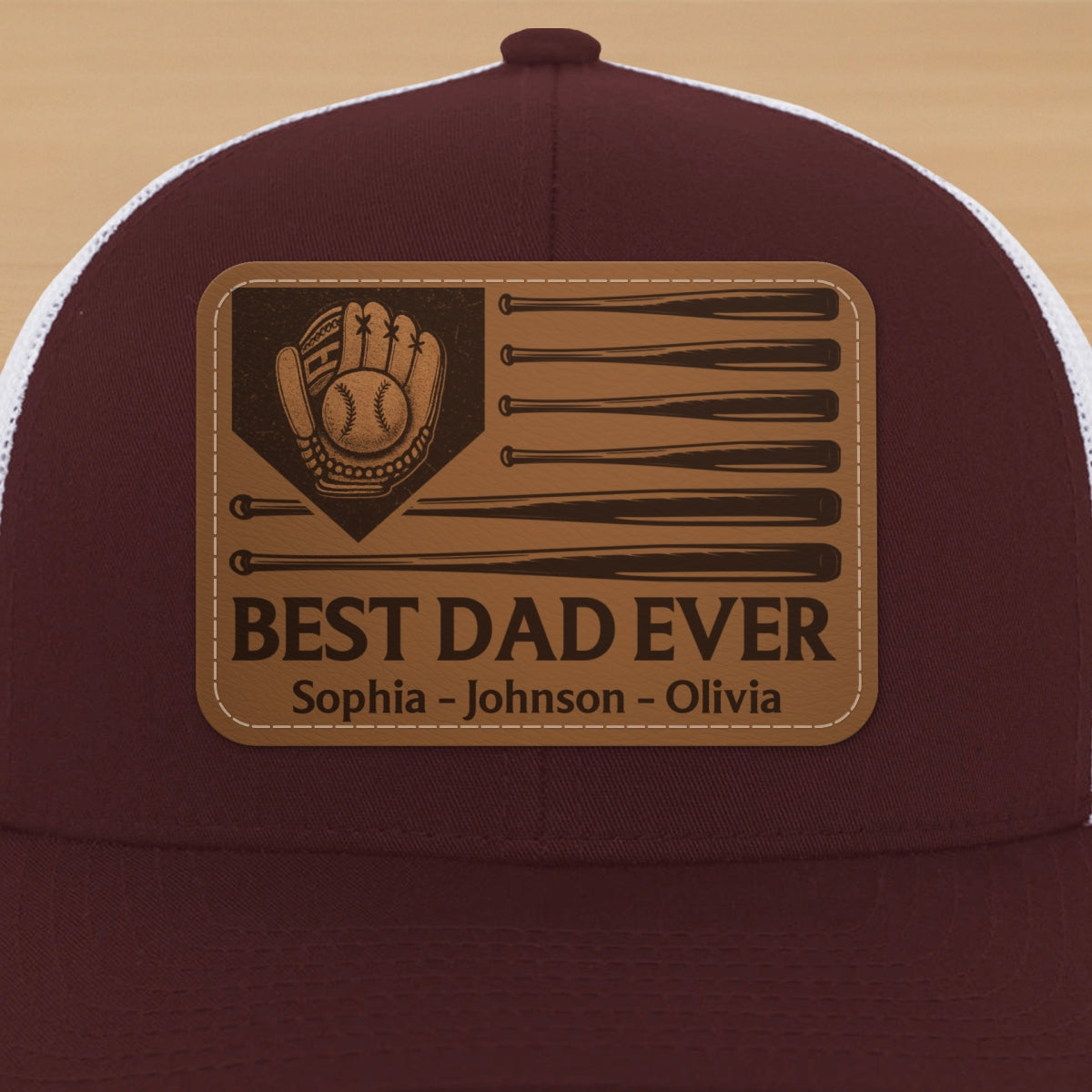 Dad's Home Run Best Dad Ever Baseball Themed Personalized Leather Patch Hat