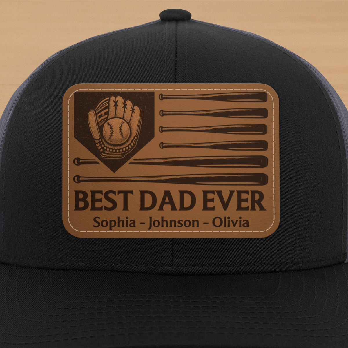 Dad's Home Run Best Dad Ever Baseball Themed Personalized Leather Patch Hat